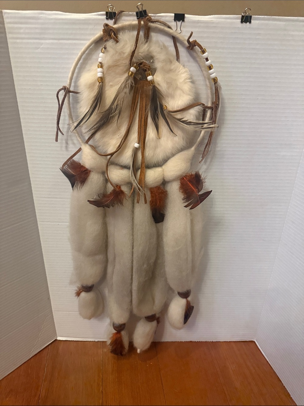Vintage 1980s Chico Arts Indian Handmade Mandella Shield 8”x27” Fur Wool